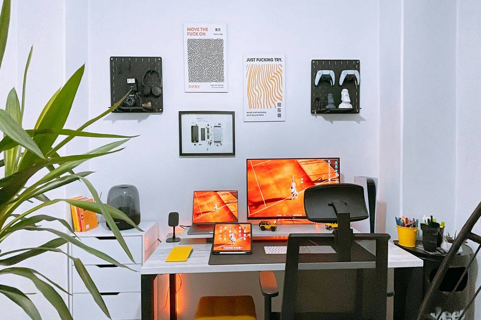 Modern workspace with AI productivity dashboard on laptop