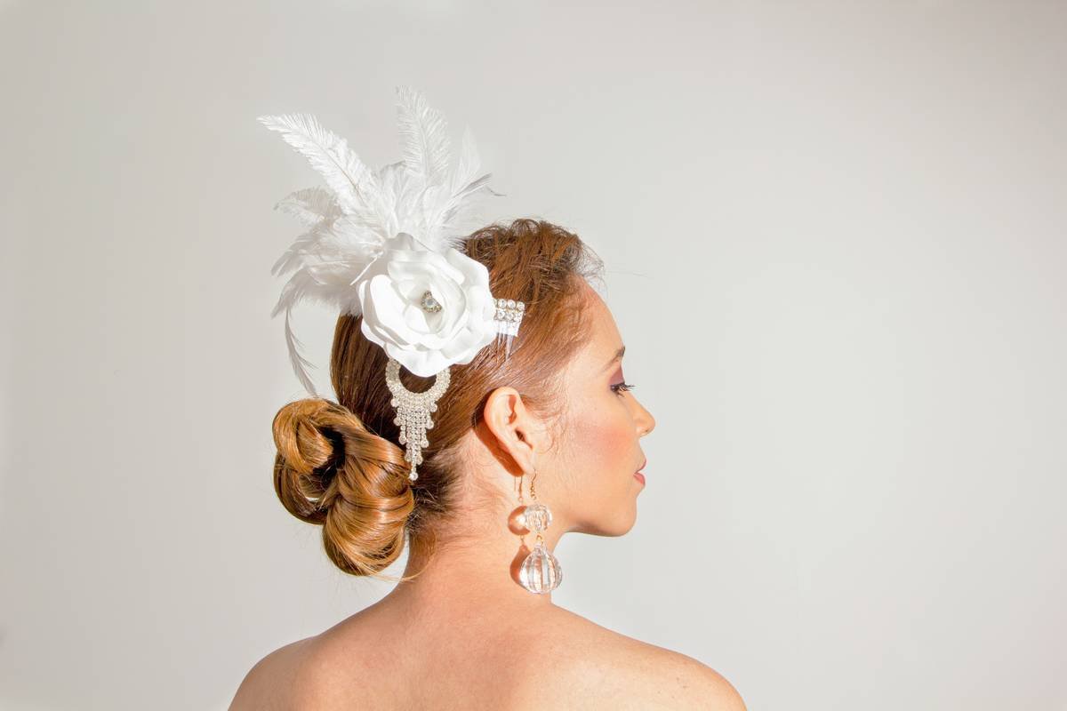 Close-up of ornate hair band woven into patterned headscarf for high-fashion look